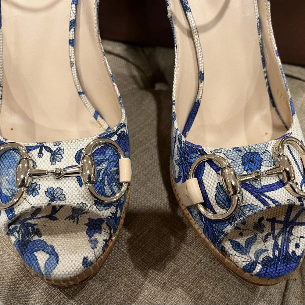 Gucci Blue and White Floral Wedge Sandals with Ankle Strap